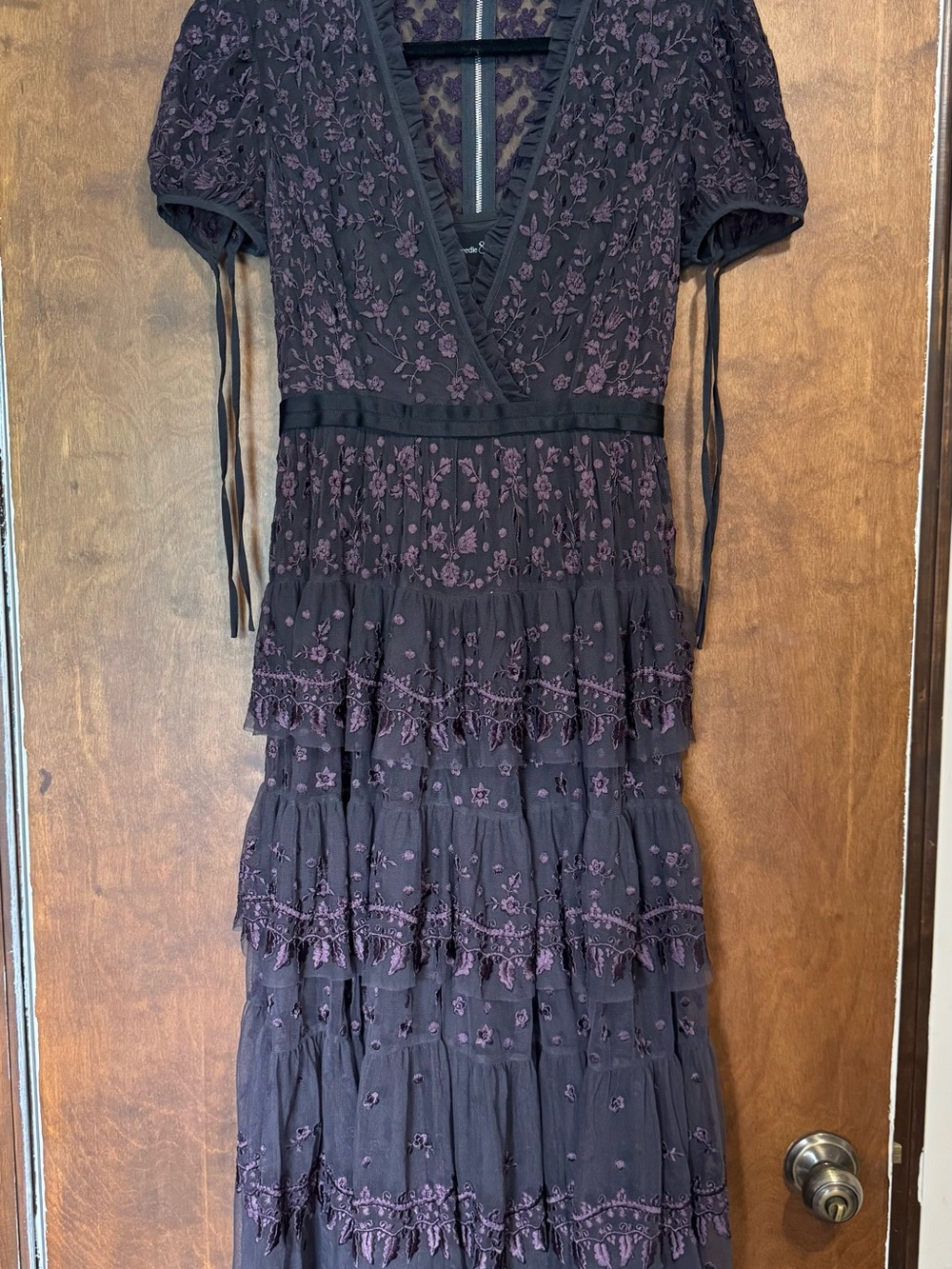 Needle & Thread Dark Gray Ankle Dress with Plum Embroidery
